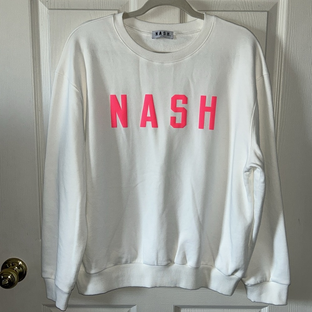 NASH COLLECTION Women’s White with Neon Pink‎ Long-sleeve Sweatshirt Size Large